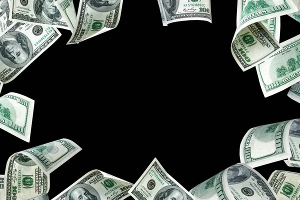 Sto Dolarů Padající Peníze Izolované Černém Pozadí Americká Hotovost — Stock fotografie