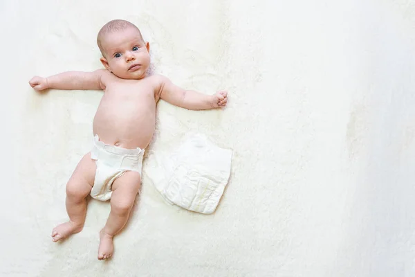 Diaper Girl Newborn Baby Banner Child Care White Background Happy — Stock Photo, Image