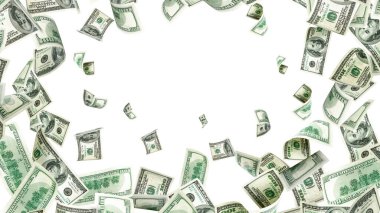 Para yığını. Amerika 'nın yüz doları. Düşen para izole edilmiş, faturalar beyaz arka plan