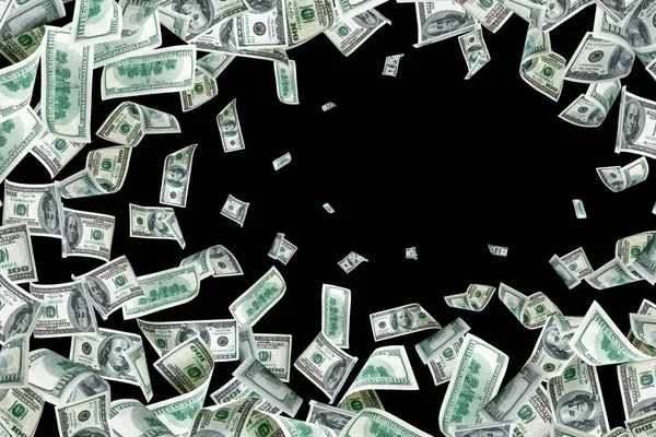 Hundred Dollar Bill Falling Money Isolated Black Background American Cash — Stock Photo, Image