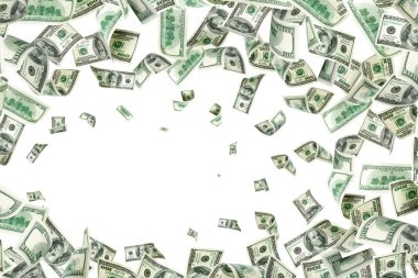 Para yığını. Amerika 'nın yüz doları. Düşen para izole edilmiş, faturalar beyaz arka plan