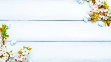 Paskalya beyaz arka planı. Bahar çiçeği sınırı, beyaz mutlu paskalya yumurtası ahşap bahar arka planında. Paskalya kartı. Düz yatıyordu