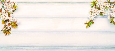 Bahar arkaplanı mayıs çiçekleri ve Nisan çiçekleri ahşap arka planda. Çiçek açan bayrağın dalları. Fotokopi alanı olan Paskalya bahar tebrik kartları. İlkbahar