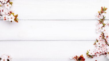 Arka plandaki bahar masası. Çiçekler ve Nisan çiçekleri tahta üzerinde olsun. Sancak olarak, arka planda çiçek açan kiraz dalları. Boşluğu kopyala