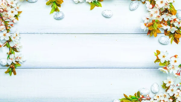 Великодній Фон Дерева Сакура Цвіте Квітка Білі Щасливі Великодні Яйця Стокова Картинка