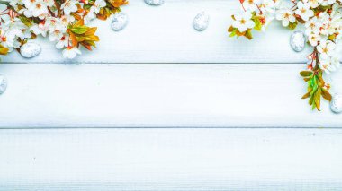 Paskalya düzlüğü. Kiraz ağacı çiçeği, beyaz mutlu paskalya yumurtaları ahşap bahar arka planında. İlkbahar konsepti