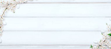 Easter background wood. Sakura blossom flower, white happy easter eggs on wood spring background. Easter design banner. Top view. Flat lay