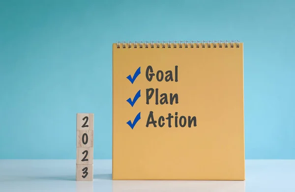 2023 Doelstelling Plan Actie Woorden Houtblok Kalender — Stockfoto