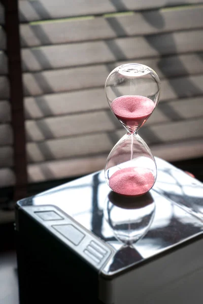 Sand Running Flowing Hourglass Measuring Passing Time Close View Copy — Stock Photo, Image