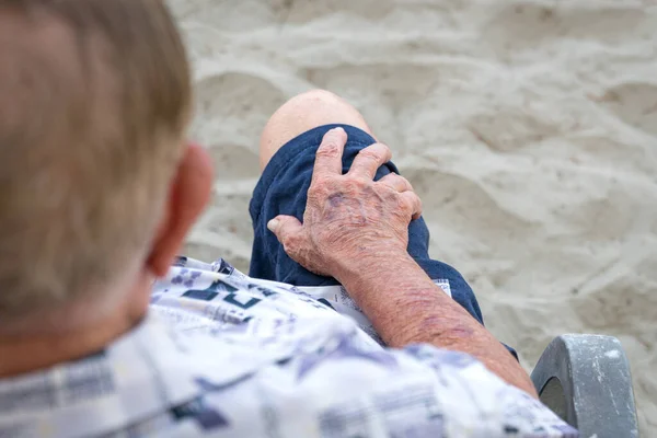 Senior Man Hand His Lap Close Skin Spot Wrinkles Aging — Stock Photo, Image