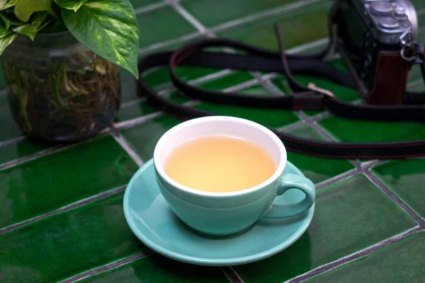 Herbata Rumiankowa Zieloną Rośliną Kamerą Szczycie Stołu Koncepcja Przerwy Herbatę — Zdjęcie stockowe