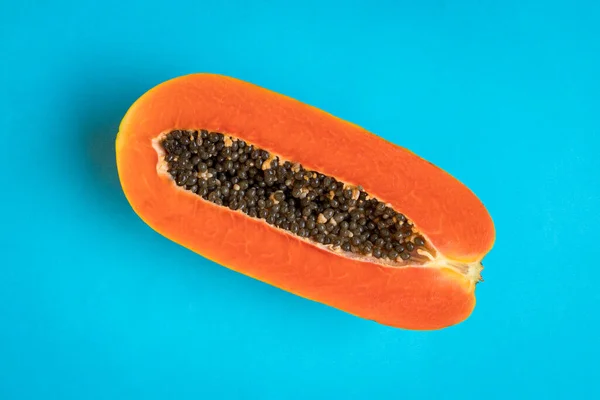 Ripe Papaya Fruit Cut Half Blue Background Summertime Concept — Stock Photo, Image