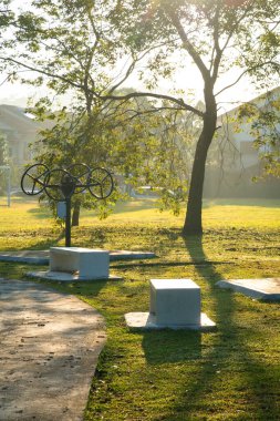 Halka açık bir parkta açık spor aletleri. Güzel sabah ışığı.