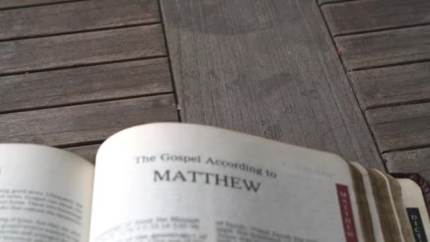Κοντινό Πλάνο Και Θέα Panning Στο Βιβλίο Του Matthew Της — Αρχείο Βίντεο