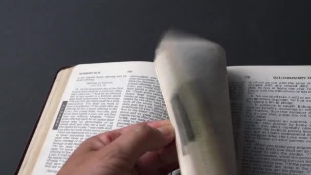 Närbild Bläddra Igenom Sidorna Bibel Gamla Och Slitna Läderklädda Bibelöverdrag — Stockvideo