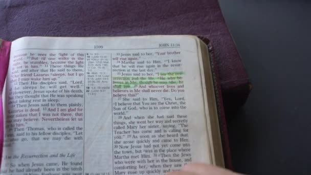 Δάχτυλο Δείχνει Τονισμένη Αγία Γραφή Περικοπή Του Ιωάννη Και Στίχους — Αρχείο Βίντεο