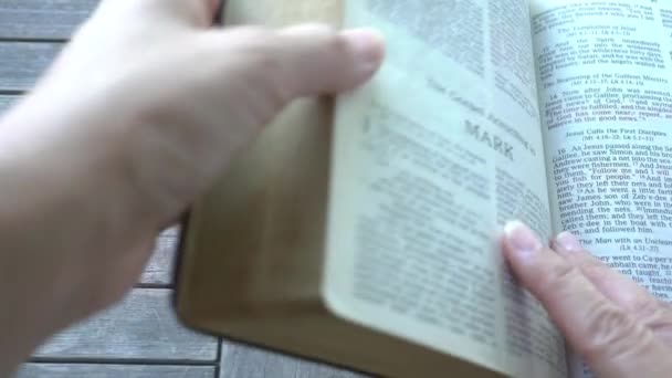 Abre Santa Biblia Libro Marcos Nuevo Testamento Santa Biblia — Vídeo de stock