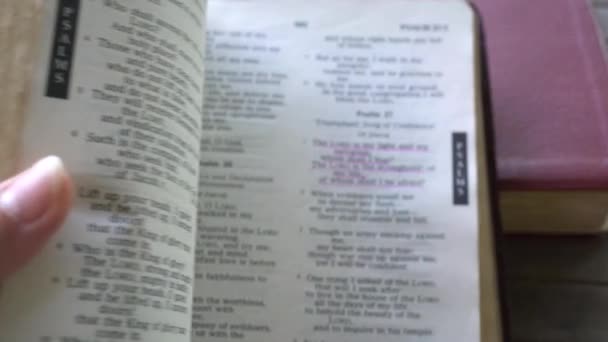 Abriendo Santa Biblia Salmo Texto Subrayado Rojo — Vídeos de Stock