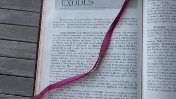 Buch Exodus Des Alten Testaments Heilige Bibel Schwenkblick Von Unten — Stockvideo