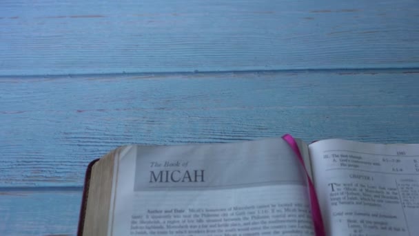 Panning View Book Micah Old Testament Holy Bible — Stock video
