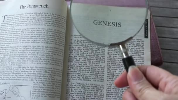 Книга Бытия Ветхого Завета Священная Библия Использование Лупы Чтения Текста — стоковое видео