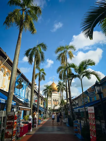 Singapur - 30 Mayıs 2024: Sokağın sonunda Sultan Camii ile sokak manzarası. Turistler için popüler bir dönüm noktası.