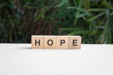 Hope, arka planda palmiye bitkisi olan beyaz masanın üstünde, kare tahta blokta yazılmış bir kelime..