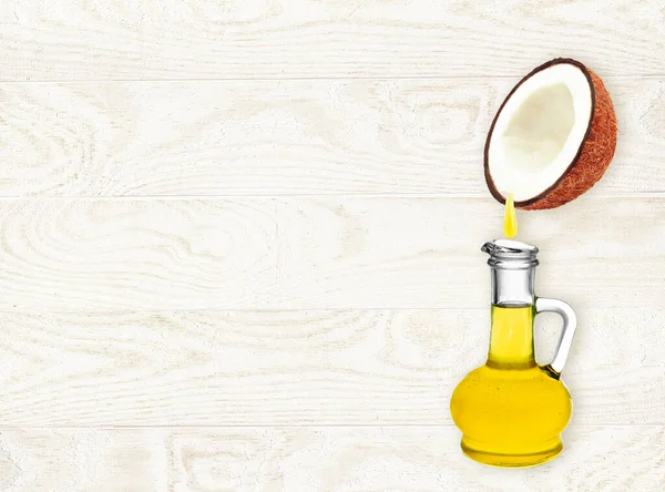 Coconut Oil Bottle Light Wooden Background — Stock Photo, Image