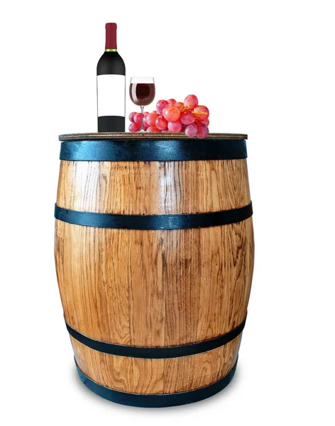 Meşe Fıçısındaki Şarap Şişesi Beyaza Izole Edilmiş — Stok fotoğraf