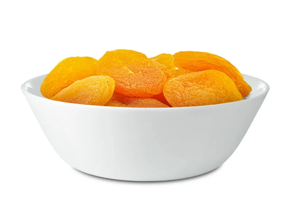 Dried Apricots Porcelain Bowl Isolated White Background — Stock Photo, Image