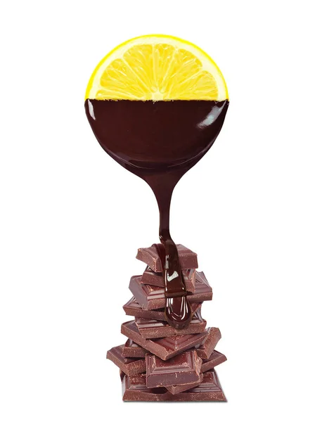 Шоколад Капает Лимоном Изолированы Белом Фоне — стоковое фото