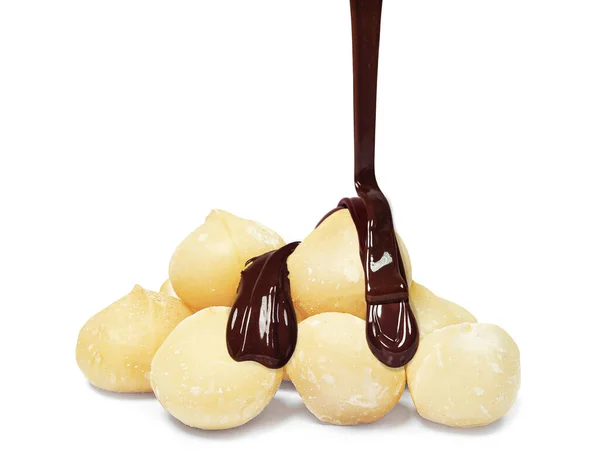 Chocolate Dripping Macadamia Nuts Isolated — Stock Photo, Image