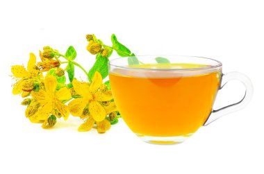 Beyaz arka planda izole edilmiş bir bardakta St. John 's Wort çayı.