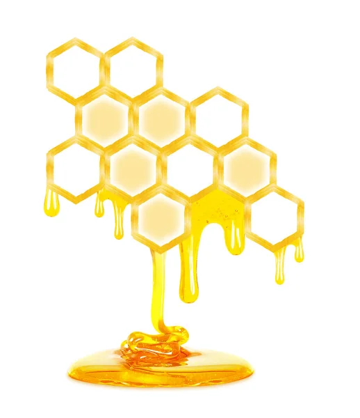 蜂蜜从在白色背景上分离的蜂窝中滴落 — 图库照片