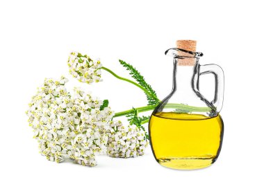 Beyaz arka planda izole edilmiş bir şişedeki temel yağ.