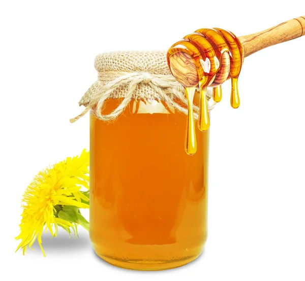 白い背景に隔離された瓶に蜂蜜とタンポポの蜂蜜をドリッピング — ストック写真