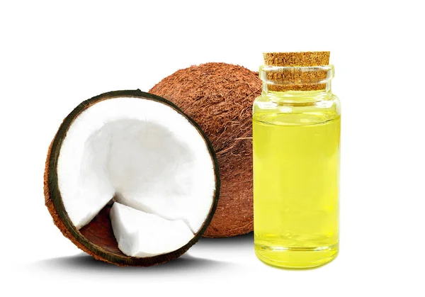 Kokosolie Fles Geïsoleerd Witte Achtergrond Rechtenvrije Stockfoto's
