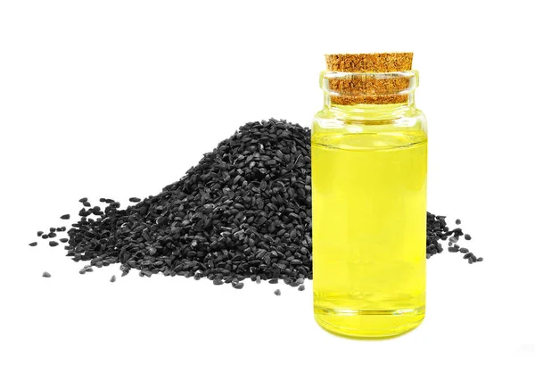 Schwarzkümmelöl Der Flasche Isoliert Auf Weißem Hintergrund Stockfoto
