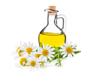 Beyaz arka planda izole edilmiş bir şişedeki papatya yağı.