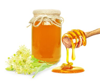 Kavanozda ıhlamur balı ve beyaz arka planda izole edilmiş bal damlası.