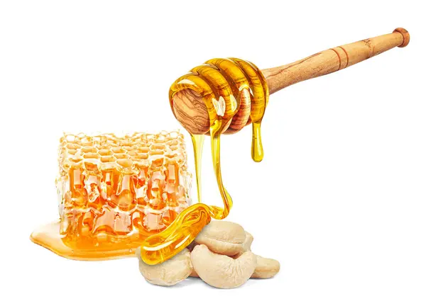 Tropfender Honig Waben Und Cashewnüsse Isoliert Auf Weißem Hintergrund — Stockfoto