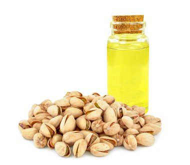 Beyaz arka planda izole edilmiş şam fıstığı yağı.