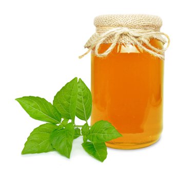 Kavanozdaki fesleğen balı beyaza izole edilmiş.