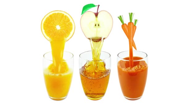 Äppeljuice Apelsinjuice Och Morotsjuice Som Droppar Ett Glas Isolerat Vitt — Stockvideo
