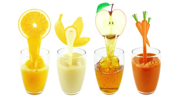 Orange Banana Apple Carrot Juice Dripping Glass Isolated White — Stock Video