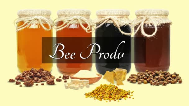 Honing Bijenbrood Stuifmeel Koninginnengelei Propolis Geïsoleerd — Stockvideo