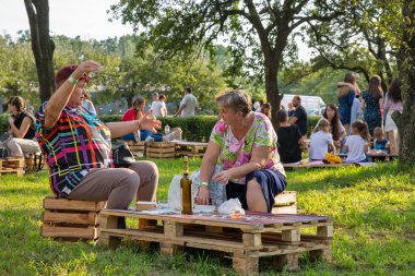 Kyiv, Ukrayna - 11 Eylül 2021: Halk Ulusal Sergi Merkezi 'ndeki Kartuli Festivali Gürcistan Şarap Partisi' ni ziyaret etti.