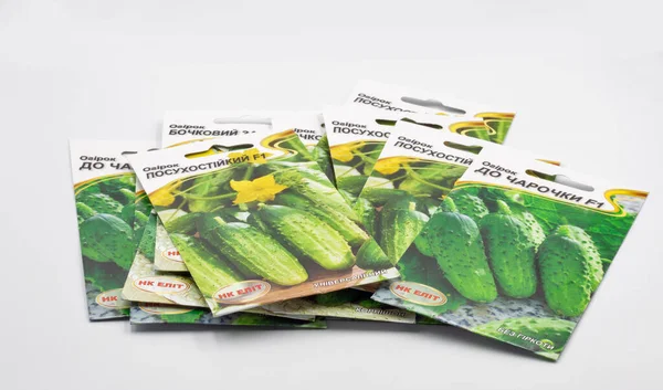 乌克兰基辅 2022年5月6日 工作室拍摄Tm Elit种子包 用于在白色花园的特写中种植黄瓜 免版税图库图片