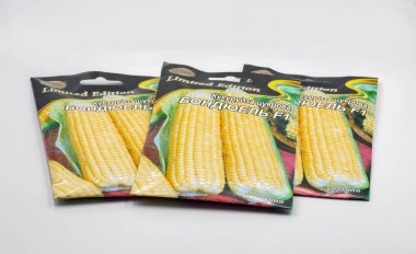 Kyiv, Ukraine - May 06, 2022: Studio shoot of TM Elit seed kits for growing corn in the garden closeup on white.