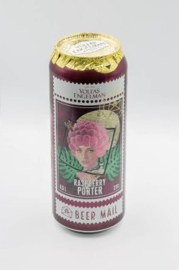 Kyiv, Ukraine - June 01, 2022: Studio shoot of Volfas Engelman Raspberry Porter Lithuanian beer can closeup on white.